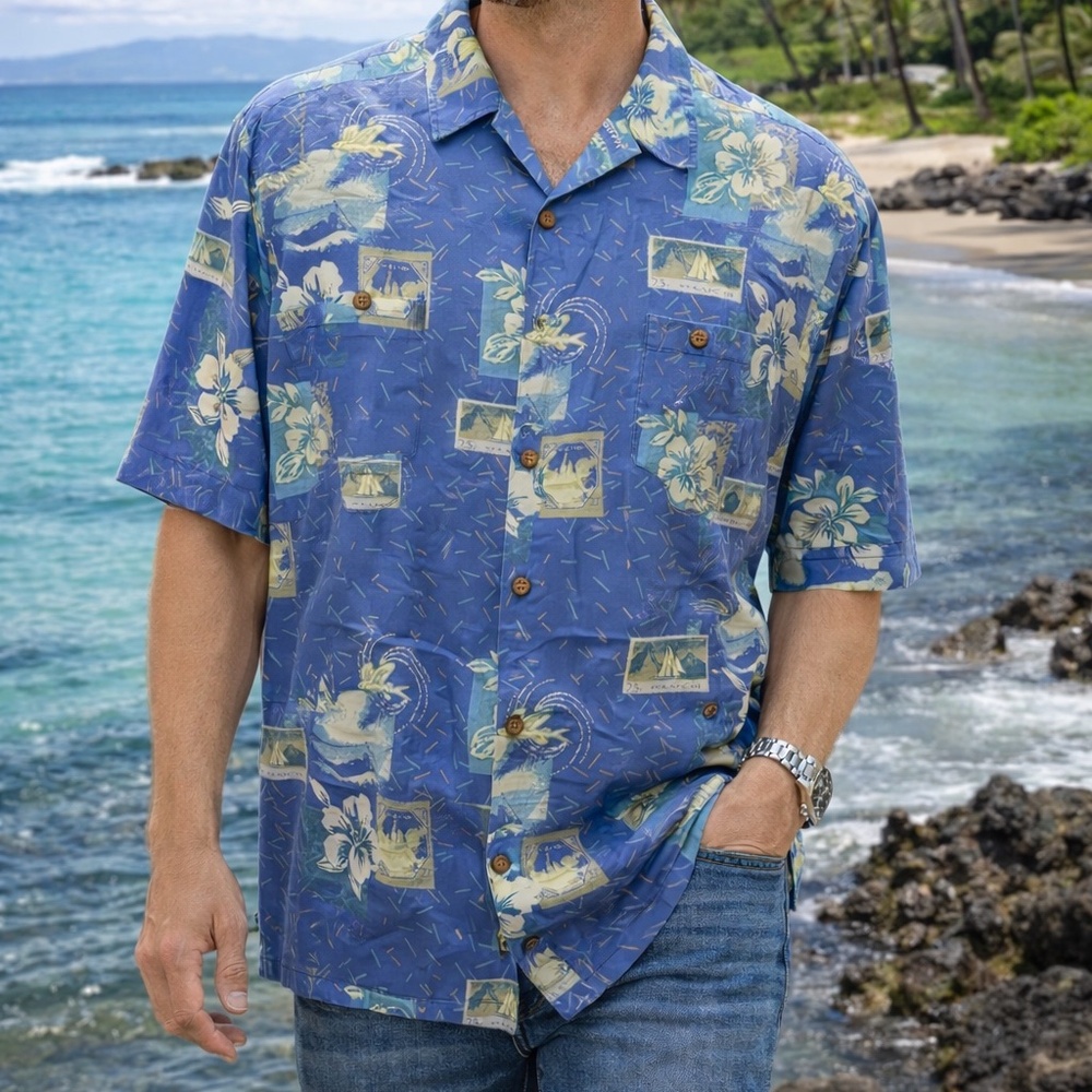 Visitor Short Sleeve Button Down Blue Hawaiian Shirt Silk Men's‎ Size XL